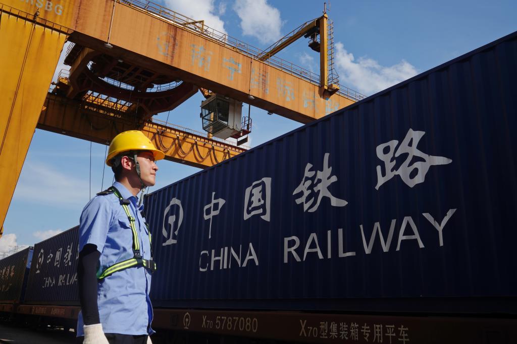 工作人员在南宁国际铁路港检查中越班列装运情况