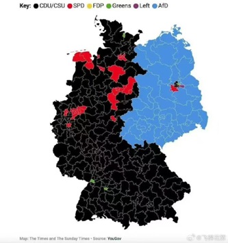 地图是德国各州对政党的主要支持率，显示基民盟在原西德地区领先，而德国选择党在原东德地区领先 ...